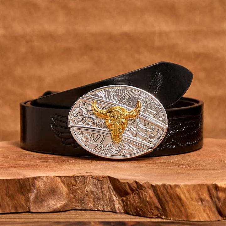 Cintura in pelle fai da te da uomo con coltello pieghevole nascosto in oro e argento - Toro - Cintura con aquila in rilievo nera - 42 - image 4