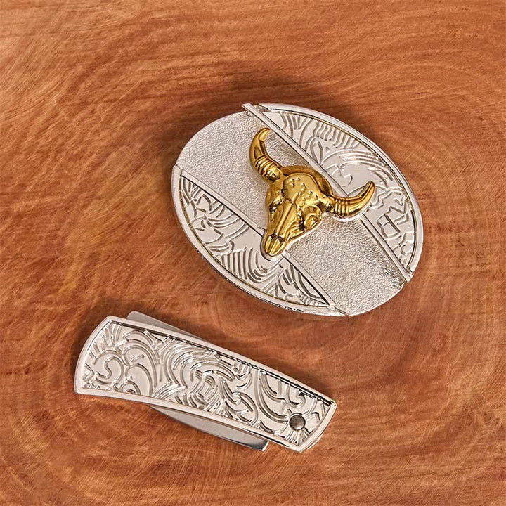 Cintura in pelle fai da te da uomo con coltello pieghevole nascosto in oro e argento - image 2
