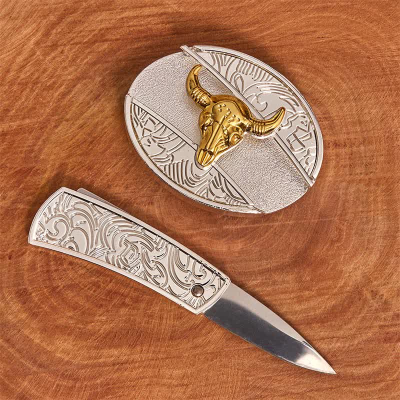 Cintura in pelle fai da te da uomo con coltello pieghevole nascosto in oro e argento - image 1