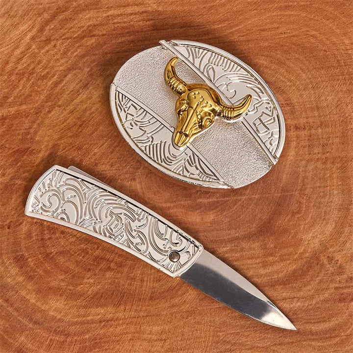 Cintura in pelle fai da te da uomo con coltello pieghevole nascosto in oro e argento - image 1