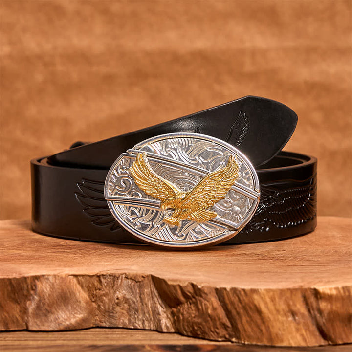 Cintura in pelle con coltello pieghevole nascosto fai da te in oro e argento con aquila da uomo - Aquila - Cintura con aquila in rilievo nera - 42 - image 4
