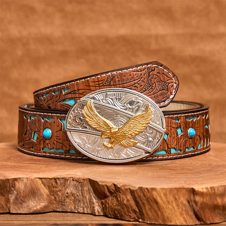 Cintura in pelle con coltello pieghevole nascosto fai da te in oro e argento con aquila da uomo - Aquila - Cintura intagliata turchese - 42 - image 5