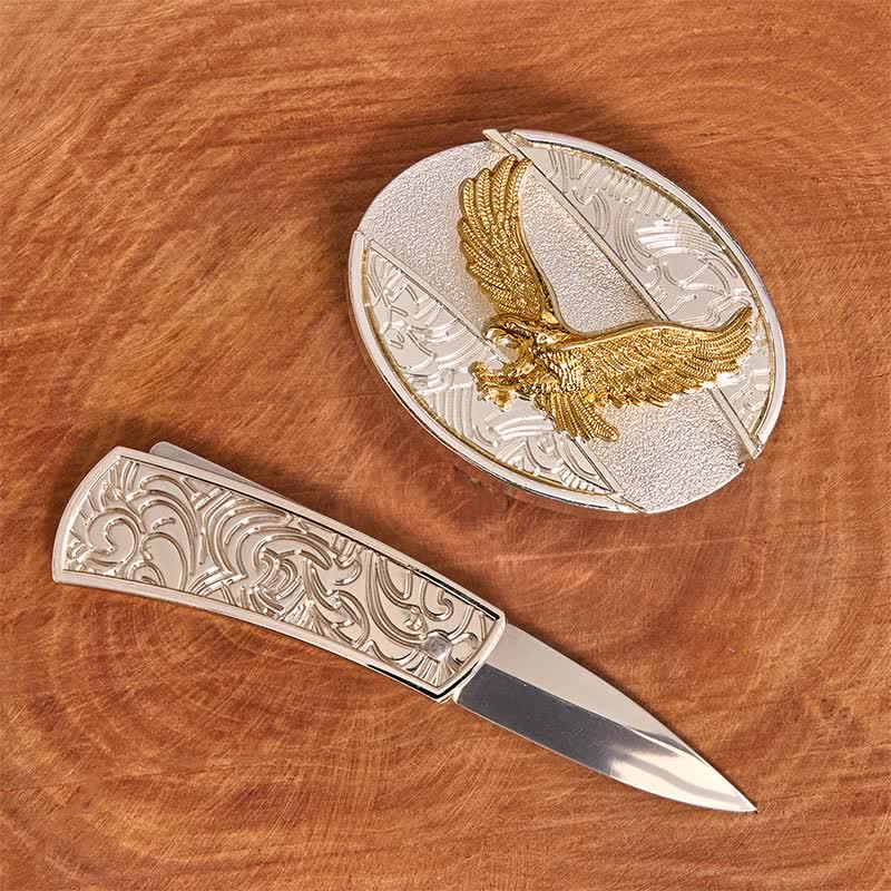Cintura in pelle con coltello pieghevole nascosto fai da te in oro e argento con aquila da uomo - image 1