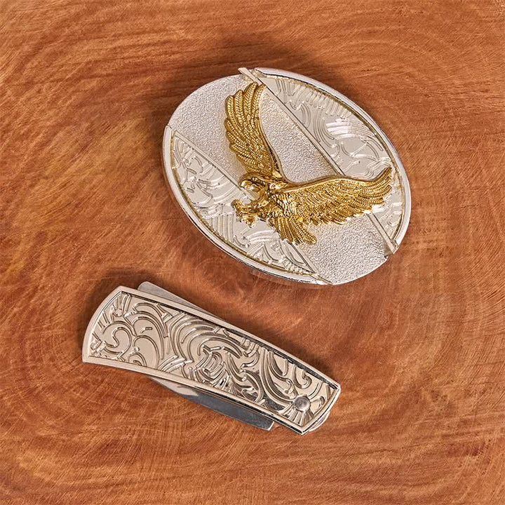 Cintura in pelle con coltello pieghevole nascosto fai da te in oro e argento con aquila da uomo - image 2