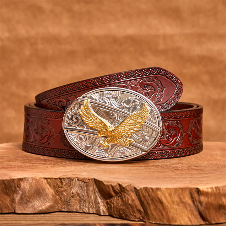 Cintura in pelle con coltello pieghevole nascosto fai da te in oro e argento con aquila da uomo - Aquila - Cintura marrone intagliata - 42 - image 7