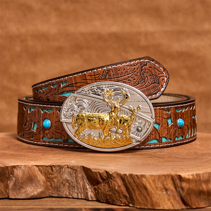 Cintura in pelle con coltello pieghevole nascosto in oro e argento fai da te da uomo con cervi - Cervo - Cintura intagliata turchese - 42 - image 5