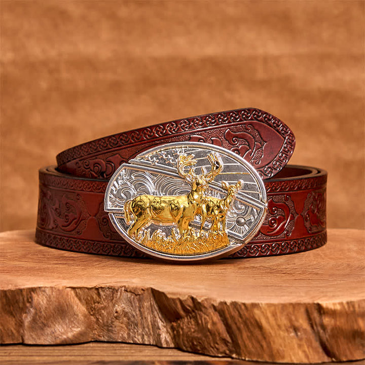 Cintura in pelle con coltello pieghevole nascosto in oro e argento fai da te da uomo con cervi - Cervo - Cintura marrone intagliata - 42 - image 7