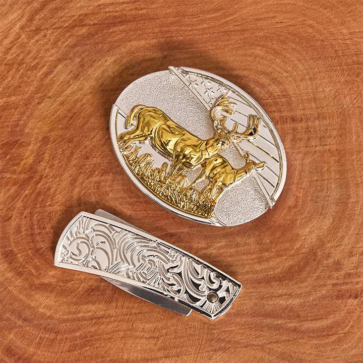 Cintura in pelle con coltello pieghevole nascosto in oro e argento fai da te da uomo con cervi - image 2