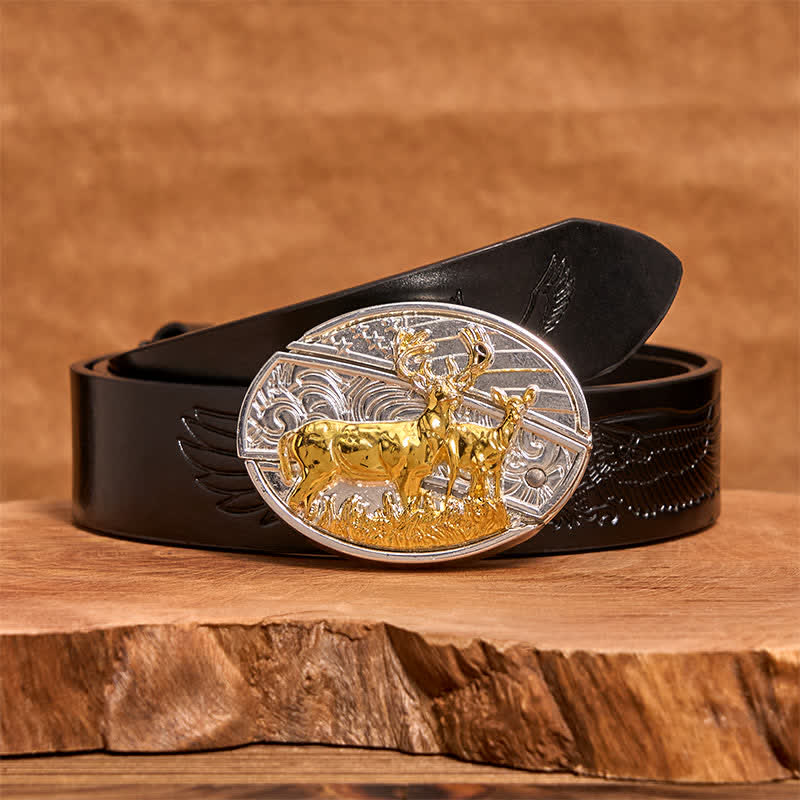 Cintura in pelle con coltello pieghevole nascosto in oro e argento fai da te da uomo con cervi - Cervo - Cintura con aquila in rilievo nera - 42 - image 4