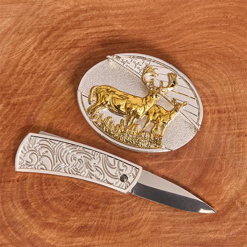 Cintura in pelle con coltello pieghevole nascosto in oro e argento fai da te da uomo con cervi - image 1