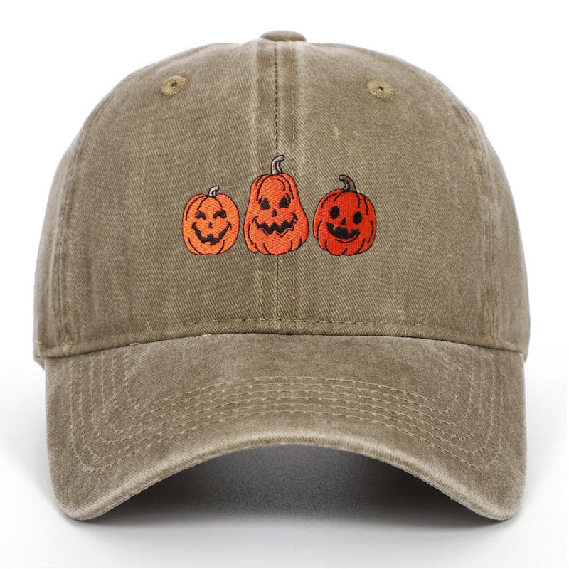 Cappello da baseball lavato ricamato con tre zucche di Halloween - Cachi - Regolabile (22 7/8"-24 1/2") - image 9