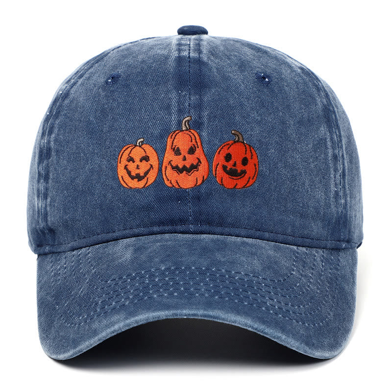 Cappello da baseball lavato ricamato con tre zucche di Halloween - Blu navy - Regolabile (22 7/8"-24 1/2") - image 4