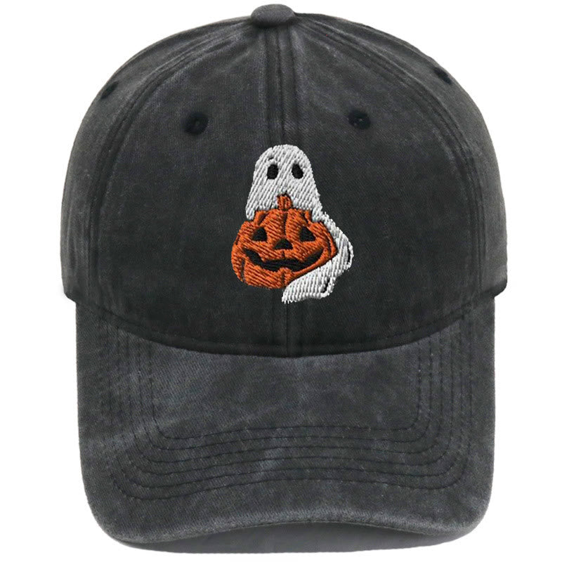 Cappello da baseball lavato ricamato con fantasma e zucca di Halloween - Fantasma e grande zucca - Nero - M（22"-22 7/8"） - image 2