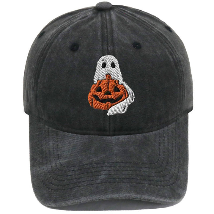 Cappello da baseball lavato ricamato con fantasma e zucca di Halloween - Fantasma e grande zucca - Nero - M（22"-22 7/8"） - image 2