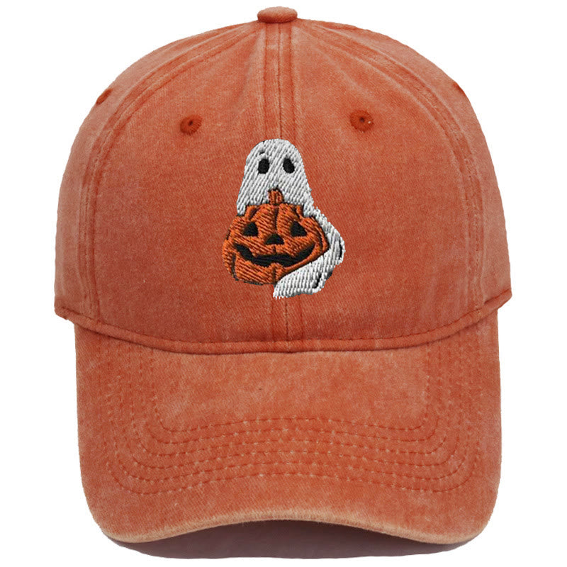 Cappello da baseball lavato ricamato con fantasma e zucca di Halloween - Fantasma e grande zucca - Arancia - M（22"-22 7/8"） - image 0