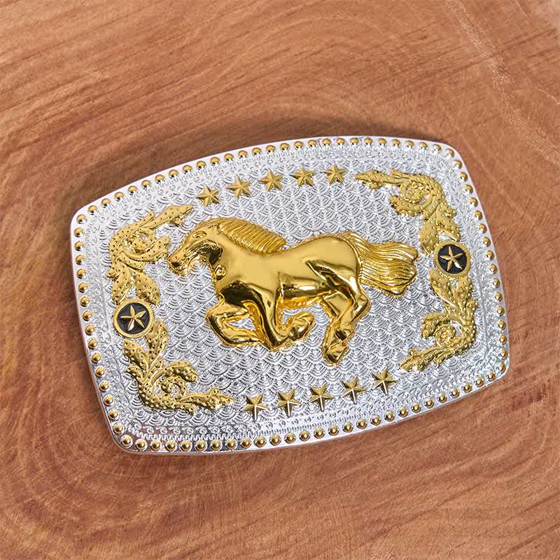 Cintura rettangolare fai da te in pelle con fibbia grande a forma di cavallo in corsa bicolore - image 1