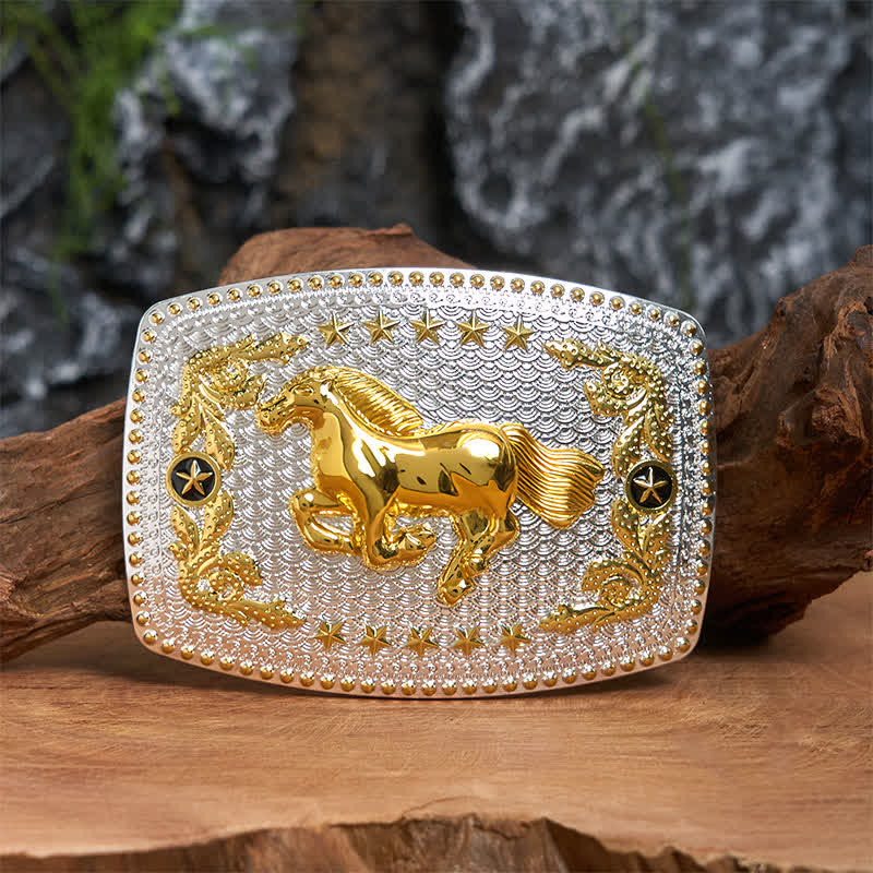 Cintura rettangolare fai da te in pelle con fibbia grande a forma di cavallo in corsa bicolore - Cavallo in corsa - Senza cintura - Cintura non inclusa - image 0