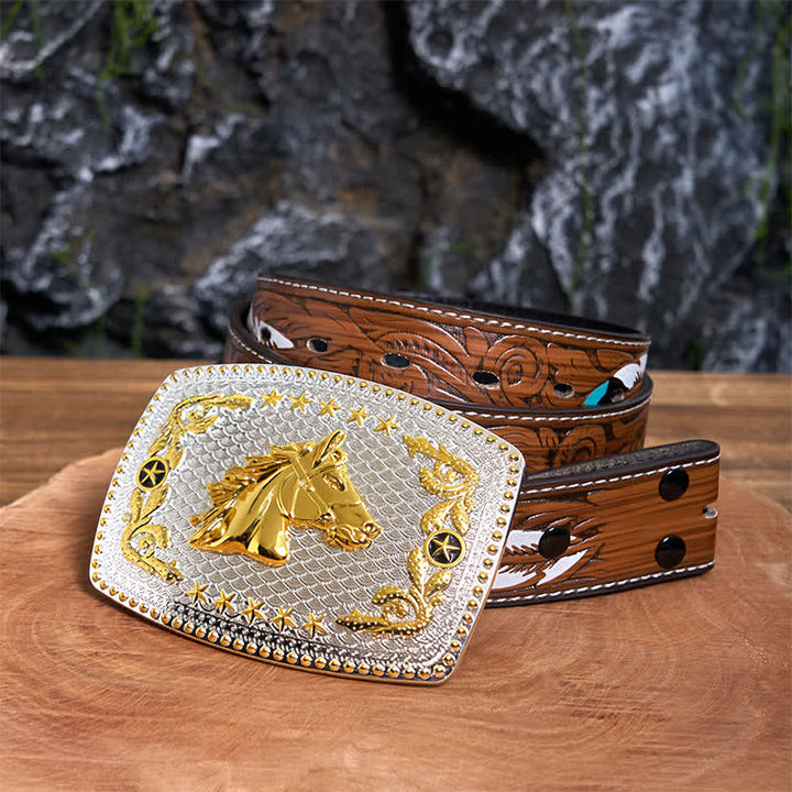 Cintura in pelle fai da te rettangolare con fibbia grande a forma di testa di cavallo bicolore - Testa di cavallo - Cintura di piume marroni - 40 - image 8