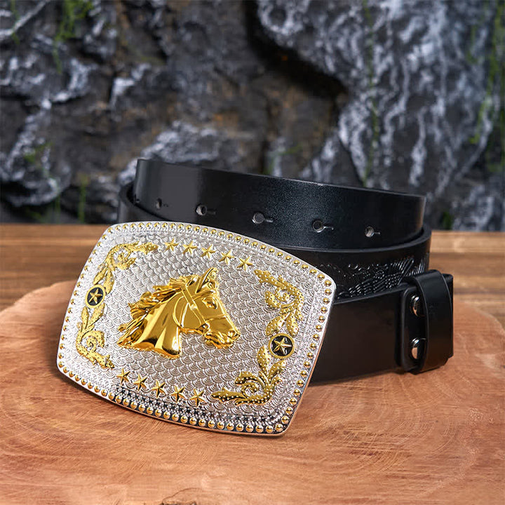 Cintura in pelle fai da te rettangolare con fibbia grande a forma di testa di cavallo bicolore - Testa di cavallo - Cintura con aquila in rilievo nera - 42 - image 3