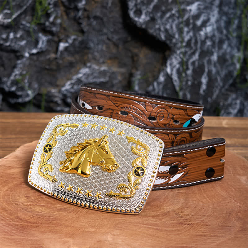 Cintura in pelle fai da te rettangolare con fibbia grande a forma di testa di cavallo bicolore - Testa di cavallo - Cintura di piume marroni - 40 - image 8