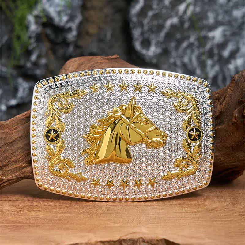 Cintura in pelle fai da te rettangolare con fibbia grande a forma di testa di cavallo bicolore - Testa di cavallo - Senza cintura - Cintura non inclusa - image 0