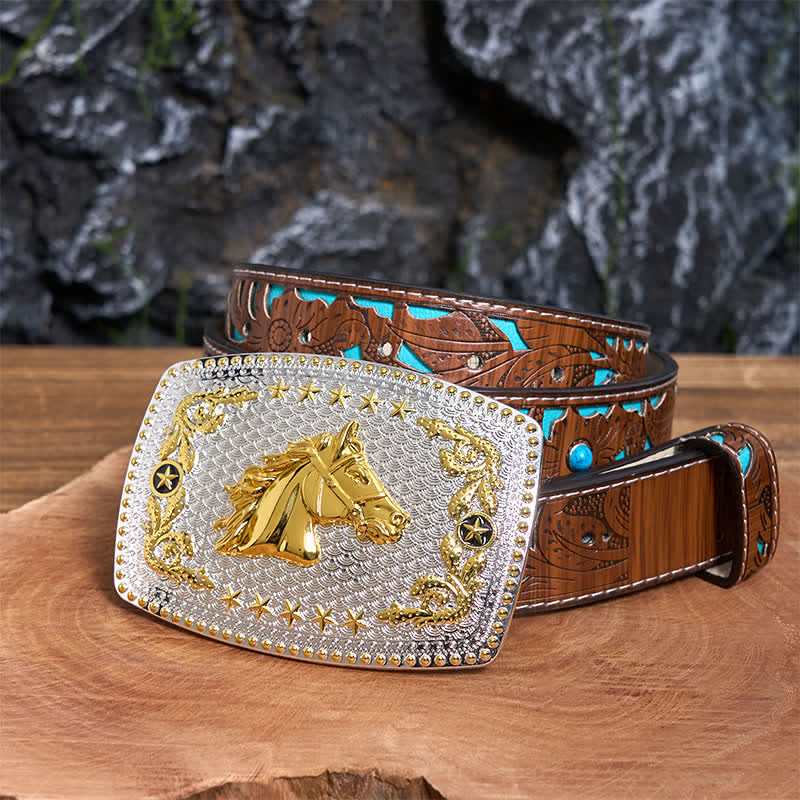 Cintura in pelle fai da te rettangolare con fibbia grande a forma di testa di cavallo bicolore - Testa di cavallo - Cintura intagliata turchese - 42 - image 4