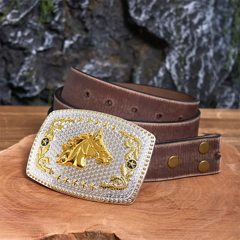 Cintura in pelle fai da te rettangolare con fibbia grande a forma di testa di cavallo bicolore - Testa di cavallo - Cintura marrone anticata - 42 - image 6