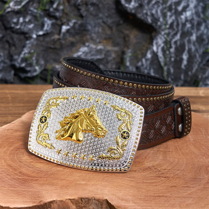 Cintura in pelle fai da te rettangolare con fibbia grande a forma di testa di cavallo bicolore - Testa di cavallo - Cintura con rivetti marroni - 42 - image 5