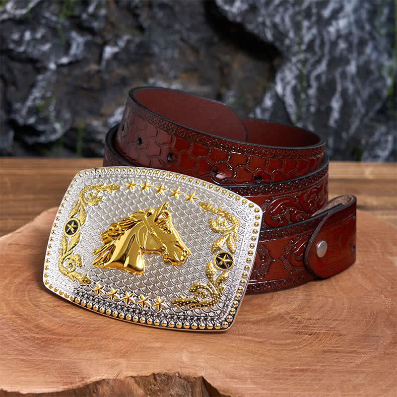 Cintura in pelle fai da te rettangolare con fibbia grande a forma di testa di cavallo bicolore - Testa di cavallo - Cintura marrone intagliata - 42 - image 7