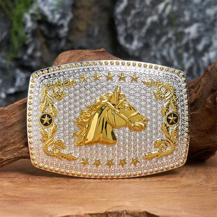 Cintura in pelle fai da te rettangolare con fibbia grande a forma di testa di cavallo bicolore - Testa di cavallo - Senza cintura - Cintura non inclusa - image 0