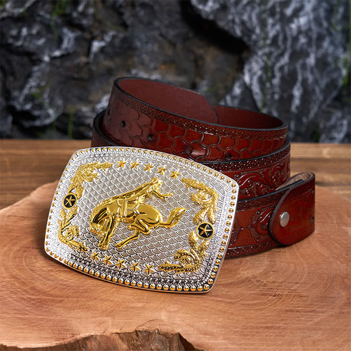 Cintura rettangolare in pelle fai da te bicolore con fibbia grande per equitazione - Equitazione - Cintura marrone intagliata - 42 - image 7