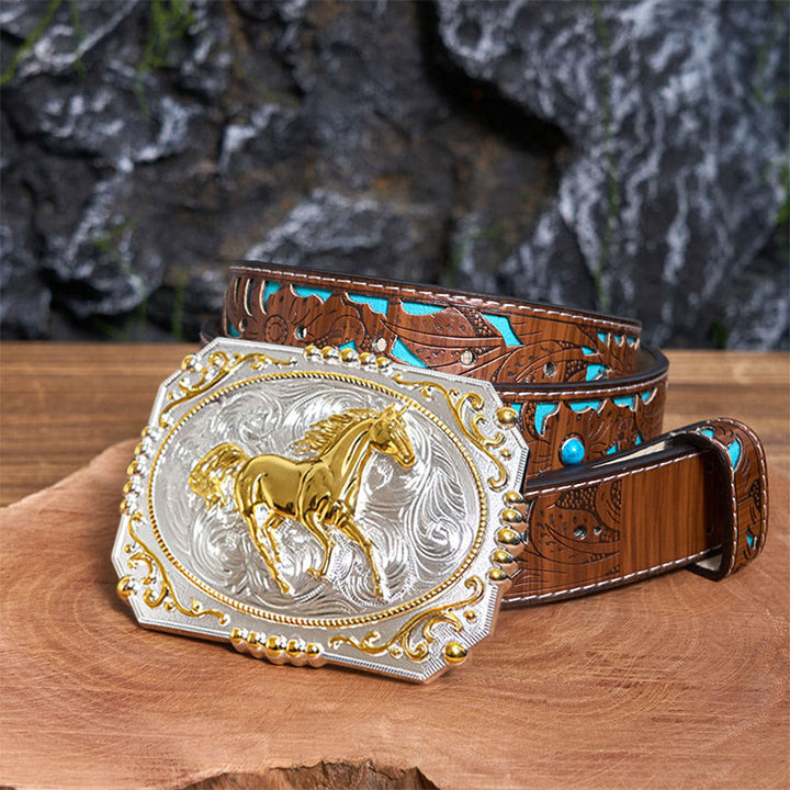 Cintura in pelle con fibbia da cowboy fai da te a forma di cavallo in corsa dorato - Cavallo in corsa - Cintura intagliata turchese - 42 - image 4