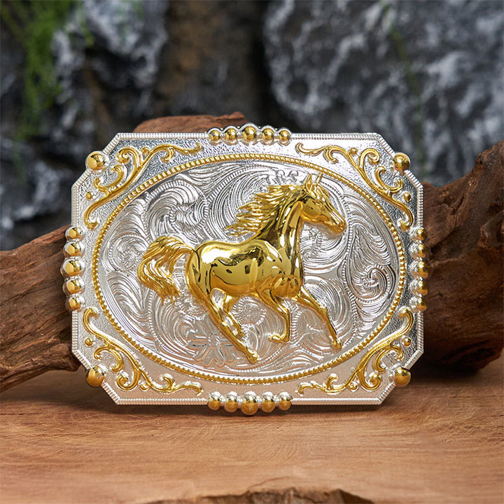 Cintura in pelle con fibbia da cowboy fai da te a forma di cavallo in corsa dorato - Cavallo in corsa - Senza cintura - Cintura non inclusa - image 0
