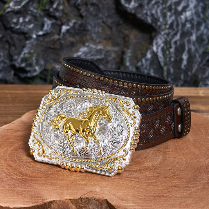 Cintura in pelle con fibbia da cowboy fai da te a forma di cavallo in corsa dorato - Cavallo in corsa - Cintura con rivetti marroni - 42 - image 5