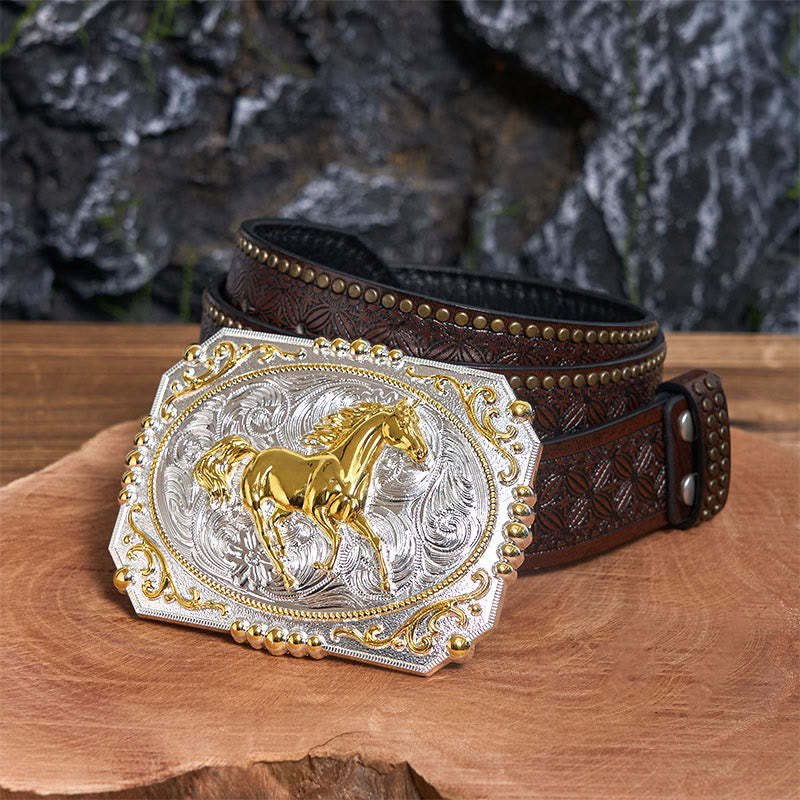 Cintura in pelle con fibbia da cowboy fai da te a forma di cavallo in corsa dorato - Cavallo in corsa - Cintura con rivetti marroni - 42 - image 4