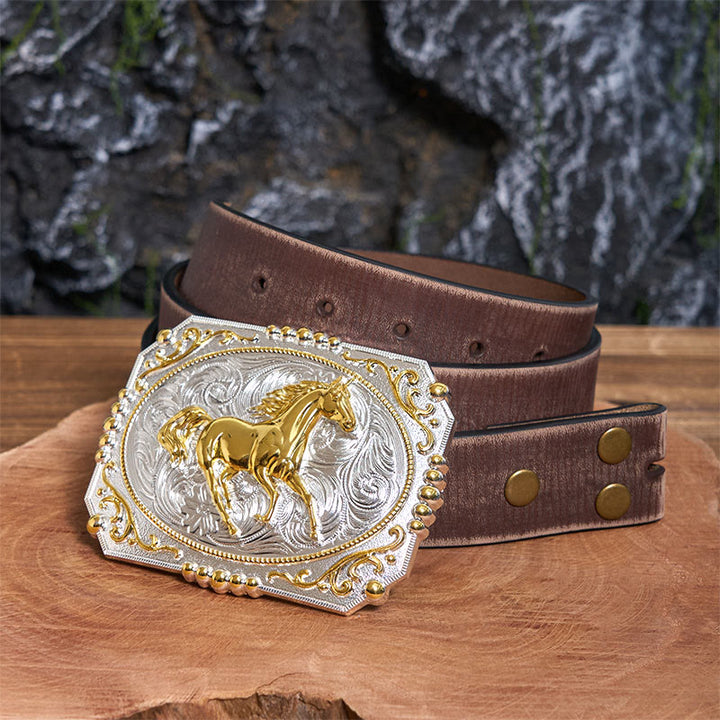Cintura in pelle con fibbia da cowboy fai da te a forma di cavallo in corsa dorato - Cavallo in corsa - Cintura marrone anticata - 42 - image 5