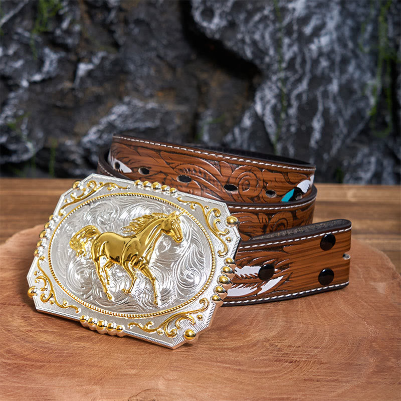 Cintura in pelle con fibbia da cowboy fai da te a forma di cavallo in corsa dorato - Cavallo in corsa - Cintura di piume marroni - 40 - image 7
