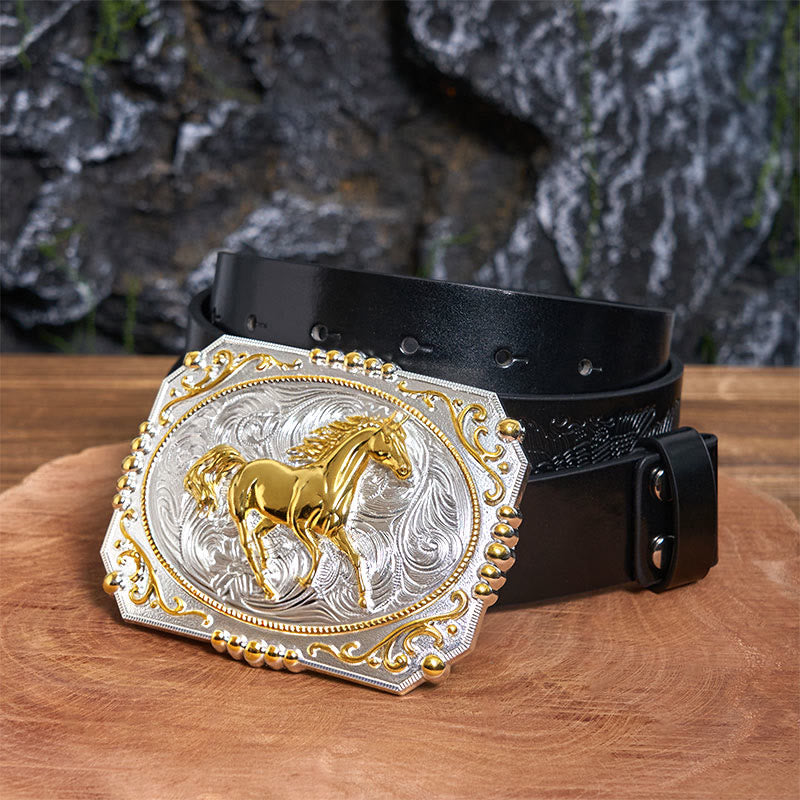 Cintura in pelle con fibbia da cowboy fai da te a forma di cavallo in corsa dorato - Cavallo in corsa - Cintura con aquila in rilievo nera - 42 - image 1