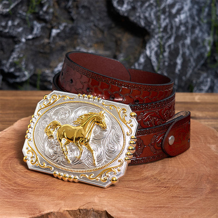 Cintura in pelle con fibbia da cowboy fai da te a forma di cavallo in corsa dorato - Cavallo in corsa - Cintura marrone intagliata - 42 - image 6