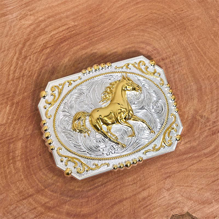 Cintura in pelle con fibbia da cowboy fai da te a forma di cavallo in corsa dorato - image 2