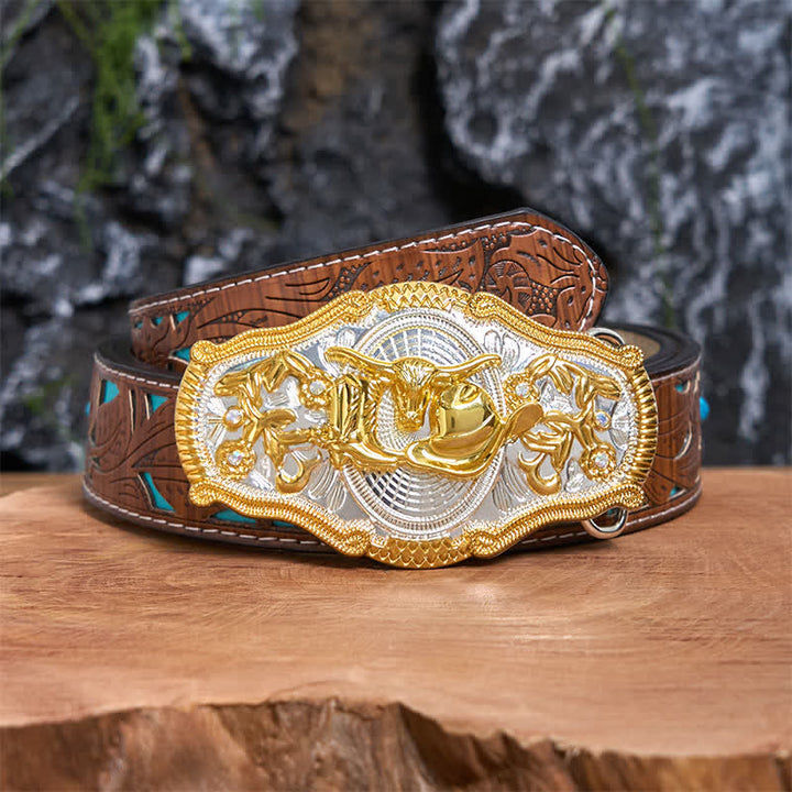 Cintura in pelle con fibbia grande fai da te con cappello da cowboy e toro dorato - Cappello da toro e da cowboy - Cintura intagliata turchese - 42 - image 4