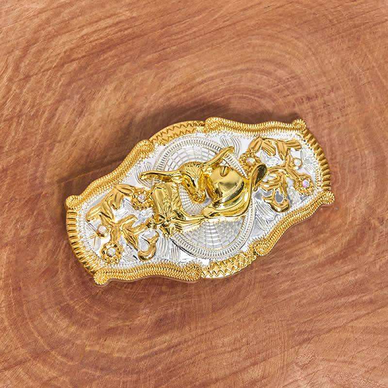 Cintura in pelle con fibbia grande fai da te con cappello da cowboy e toro dorato - image 1
