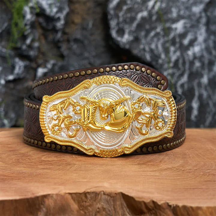 Cintura in pelle con fibbia grande fai da te con cappello da cowboy e toro dorato - Cappello da toro e da cowboy - Cintura con rivetti marroni - 42 - image 5