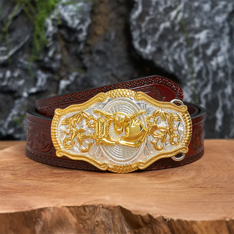Cintura in pelle con fibbia grande fai da te con cappello da cowboy e toro dorato - Cappello da toro e da cowboy - Cintura marrone intagliata - 42 - image 7