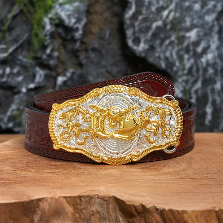 Cintura in pelle con fibbia grande fai da te con cappello da cowboy e toro dorato - Cappello da toro e da cowboy - Cintura marrone intagliata - 42 - image 7