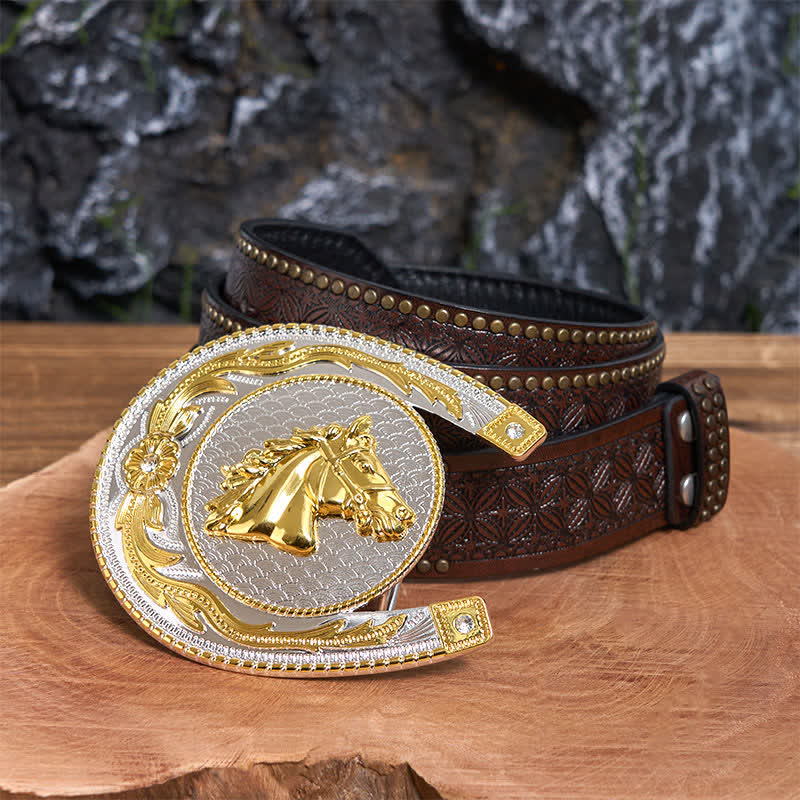 Cintura in pelle con fibbia western fai da te a forma di ferro di cavallo di grandi dimensioni - Ferro di cavallo - Cintura con rivetti marroni - 42 - image 5