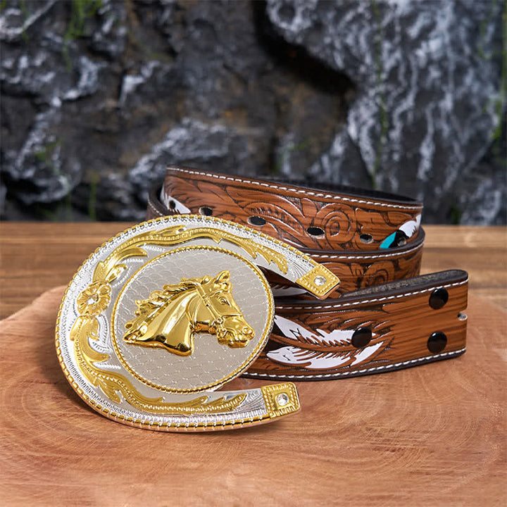 Cintura in pelle con fibbia western fai da te a forma di ferro di cavallo di grandi dimensioni - Ferro di cavallo - Cintura di piume marroni - 40 - image 8