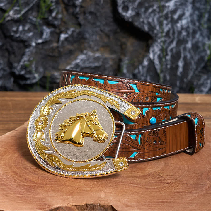 Cintura in pelle con fibbia western fai da te a forma di ferro di cavallo di grandi dimensioni - Ferro di cavallo - Cintura intagliata turchese - 42 - image 4