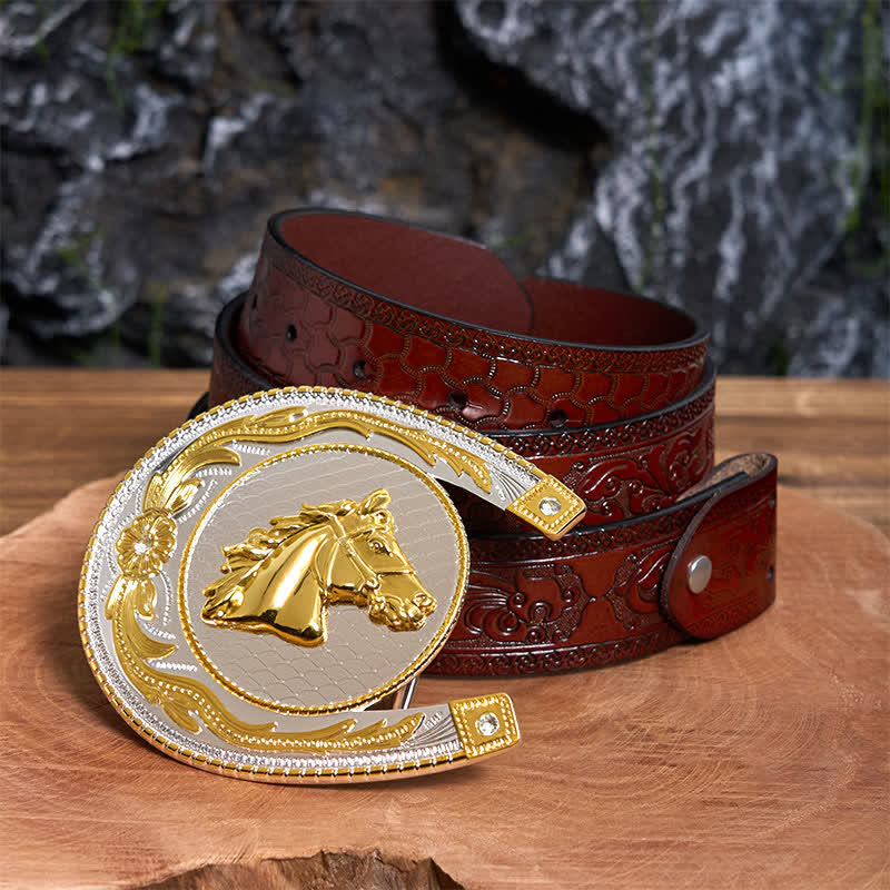 Cintura in pelle con fibbia western fai da te a forma di ferro di cavallo di grandi dimensioni - Ferro di cavallo - Cintura marrone intagliata - 42 - image 7