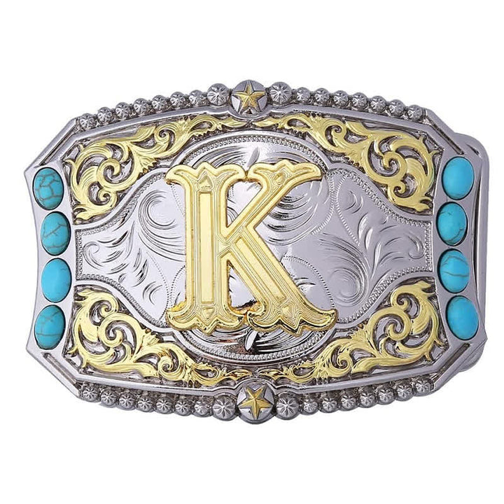 Cintura in pelle con fibbia decorativa con lettera iniziale turchese fai da te - K - Senza cintura - image 13